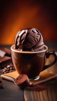 Combines elements of coffee cup, ice cream, chocolate creating visually appealing luxurious image against dark backdrop. For advertising, banner, menu, dessert, cafe themed content. Copy space