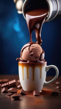 Luxurious and tempting process of pouring rich and creamy chocolate into cup with ice cream, coffee. For advertising, banner, relaxation, menu, dessert, culinary or cafe themed content. Copy space