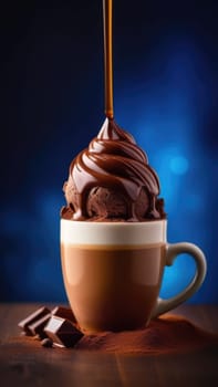 Luxurious and tempting process of pouring rich and creamy chocolate into cup with ice cream, coffee. For advertising, banner, relaxation, menu, dessert, culinary or cafe themed content. Copy space