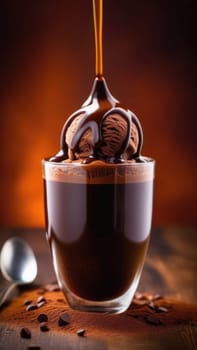 Luxurious and tempting process of pouring rich and creamy chocolate into cup with ice cream, coffee. For advertising, banner, relaxation, menu, dessert, culinary or cafe themed content. Copy space