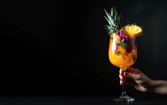 Pineapple cocktail hand banner. Cold drink. Generate Ai