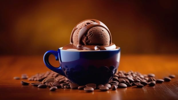 Combines elements of coffee cup, ice cream, chocolate creating visually appealing luxurious image against dark backdrop. For advertising, banner, menu, dessert, cafe themed content. Copy space
