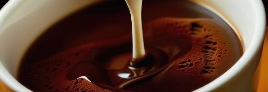 Luxurious and tempting process of pouring rich and creamy chocolate into cup with ice cream, coffee. For advertising, banner, relaxation, menu, dessert, culinary or cafe themed content. Copy space