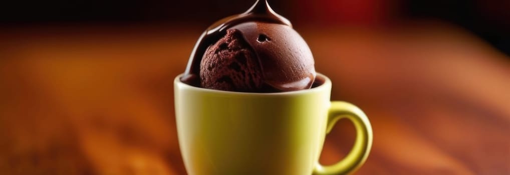 Luxurious and tempting process of pouring rich and creamy chocolate into cup with ice cream, coffee. For advertising, banner, relaxation, menu, dessert, culinary or cafe themed content. Copy space