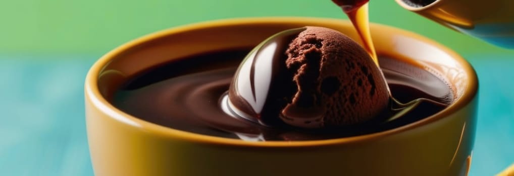 Luxurious and tempting process of pouring rich and creamy chocolate into cup with ice cream, coffee. For advertising, banner, relaxation, menu, dessert, culinary or cafe themed content. Copy space