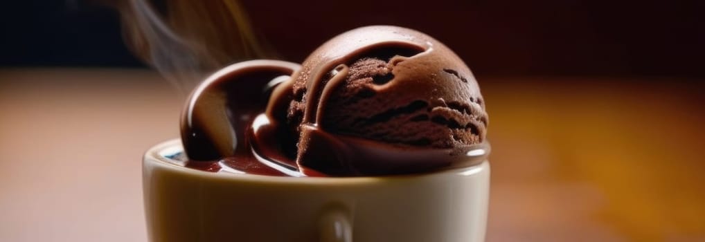 Combines elements of coffee cup, ice cream, chocolate creating visually appealing luxurious image against dark backdrop. For advertising, banner, menu, dessert, cafe themed content. Copy space