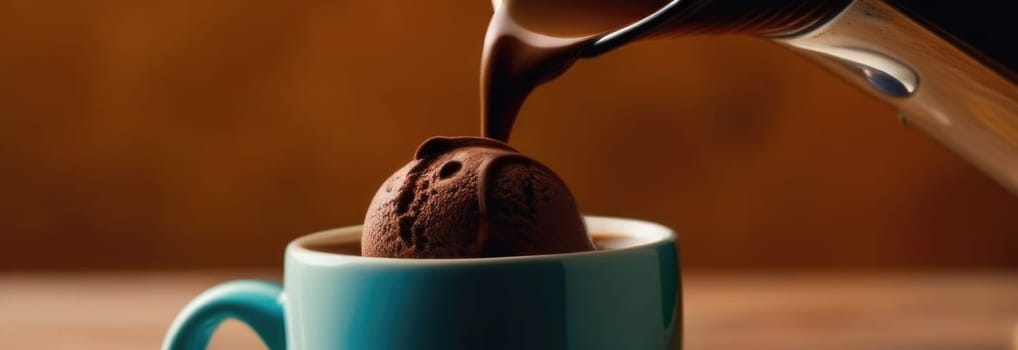 Luxurious and tempting process of pouring rich and creamy chocolate into cup with ice cream, coffee. For advertising, banner, relaxation, menu, dessert, culinary or cafe themed content. Copy space