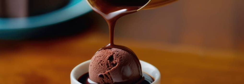 Luxurious and tempting process of pouring rich and creamy chocolate into cup with ice cream, coffee. For advertising, banner, relaxation, menu, dessert, culinary or cafe themed content. Copy space