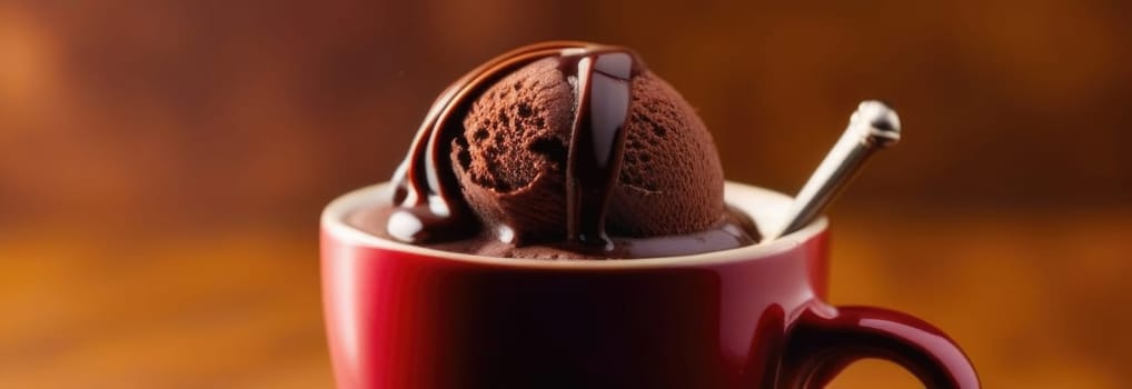 Cup of coffee topped with creamy ice cream and decadent chocolate, set against dark background. For advertising, banner, relaxation, lifestyle, menu, dessert, culinary cafe themed content. Copy space