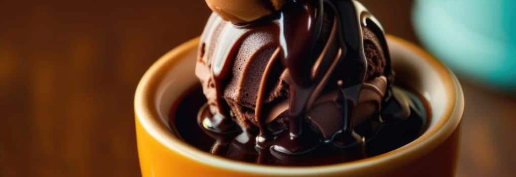 Luxurious and tempting process of pouring rich and creamy chocolate into cup with ice cream, coffee. For advertising, banner, relaxation, menu, dessert, culinary or cafe themed content. Copy space