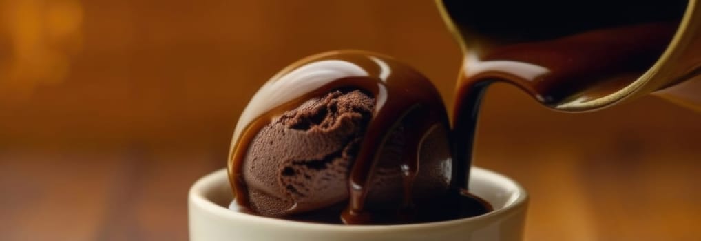 Luxurious and tempting process of pouring rich and creamy chocolate into cup with ice cream, coffee. For advertising, banner, relaxation, menu, dessert, culinary or cafe themed content. Copy space