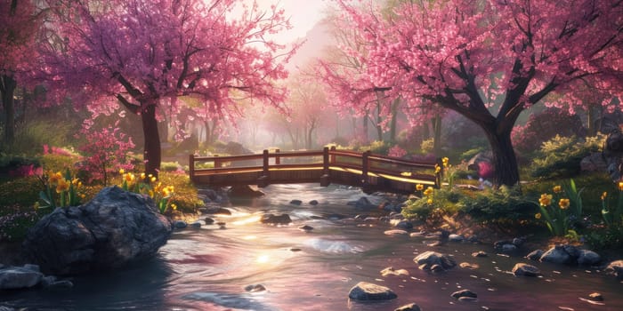 A serene Zen garden at sunrise, with a gently flowing stream, cherry blossoms in full bloom, and a quaint wooden bridge. Resplendent.