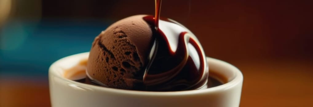 Luxurious and tempting process of pouring rich and creamy chocolate into cup with ice cream, coffee. For advertising, banner, relaxation, menu, dessert, culinary or cafe themed content. Copy space