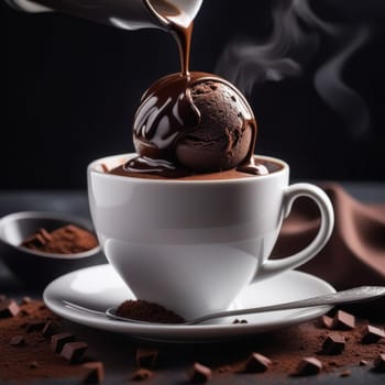Luxurious and tempting process of pouring rich and creamy chocolate into cup with ice cream, coffee. For advertising, banner, relaxation, menu, dessert, culinary or cafe themed content. Copy space
