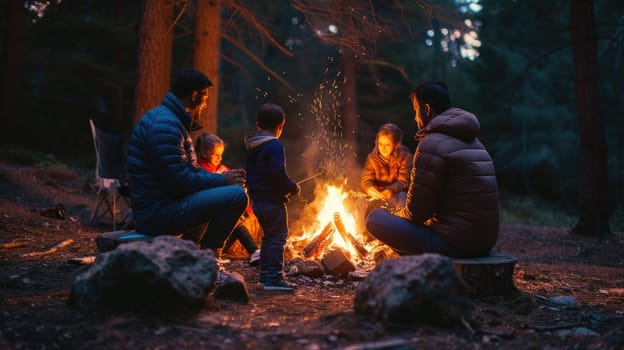 A fun camping event with a group of people sitting around a tent, enjoying the warmth of a fire, amidst the beautiful forest landscape. AIG41