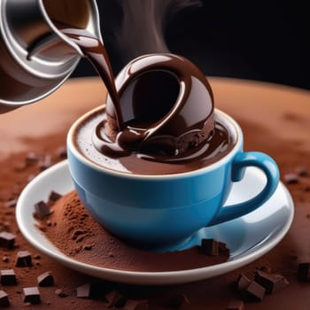 Luxurious and tempting process of pouring rich and creamy chocolate into cup with ice cream, coffee. For advertising, banner, relaxation, menu, dessert, culinary or cafe themed content. Copy space