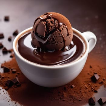 Cup of coffee topped with creamy ice cream and decadent chocolate, set against dark background. For advertising, banner, relaxation, lifestyle, menu, dessert, culinary cafe themed content. Copy space