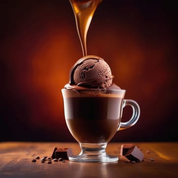 Luxurious and tempting process of pouring rich and creamy chocolate into cup with ice cream, coffee. For advertising, banner, relaxation, menu, dessert, culinary or cafe themed content. Copy space