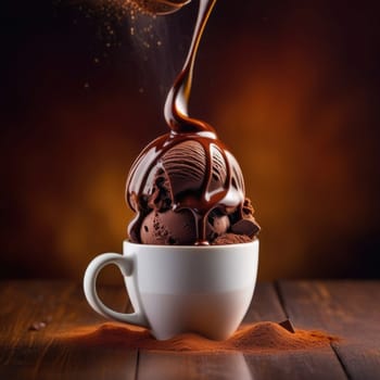 Luxurious and tempting process of pouring rich and creamy chocolate into cup with ice cream, coffee. For advertising, banner, relaxation, menu, dessert, culinary or cafe themed content. Copy space