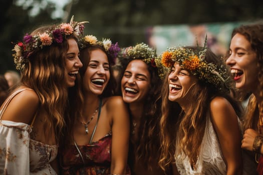 Group of joyful women with floral wreaths laughing together at an outdoor event