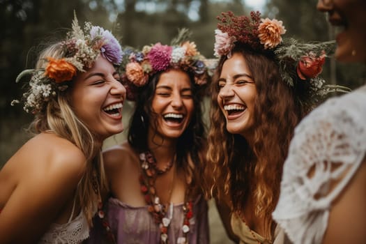 Three joyful women wearing floral crowns laughing together outdoors.