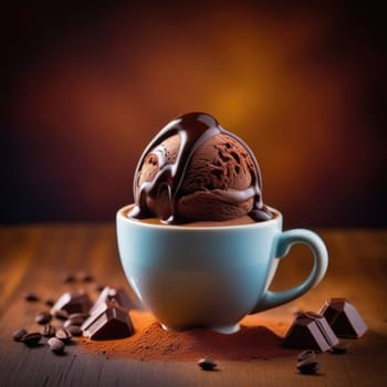 Combines elements of coffee cup, ice cream, chocolate creating visually appealing luxurious image against dark backdrop. For advertising, banner, menu, dessert, cafe themed content. Copy space