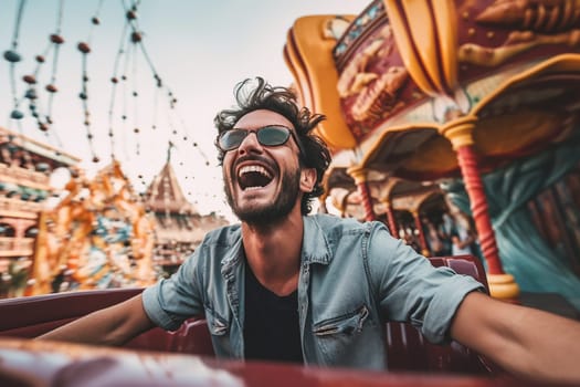 Excited man enjoying a thrilling amusement park ride