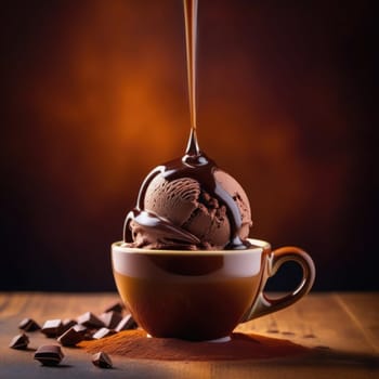 Luxurious and tempting process of pouring rich and creamy chocolate into cup with ice cream, coffee. For advertising, banner, relaxation, menu, dessert, culinary or cafe themed content. Copy space