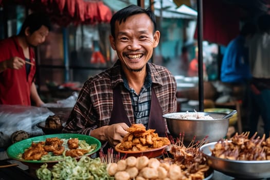 Man smiling while presenting street food at a market stall