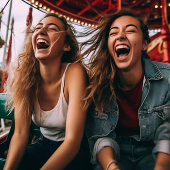 Two women laughing joyfully on a carousel ride at an amusement park