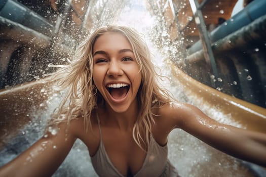 Excited woman enjoying a water slide ride, water splashing around