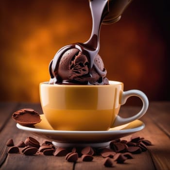 Luxurious and tempting process of pouring rich and creamy chocolate into cup with ice cream, coffee. For advertising, banner, relaxation, menu, dessert, culinary or cafe themed content. Copy space