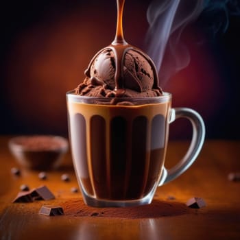 Luxurious and tempting process of pouring rich and creamy chocolate into cup with ice cream, coffee. For advertising, banner, relaxation, menu, dessert, culinary or cafe themed content. Copy space