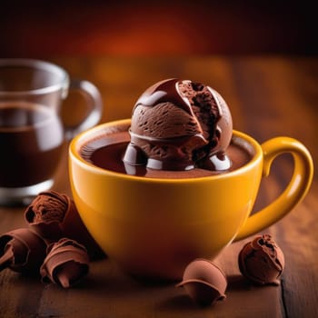 Combines elements of coffee cup, ice cream, chocolate creating visually appealing luxurious image against dark backdrop. For advertising, banner, menu, dessert, cafe themed content. Copy space