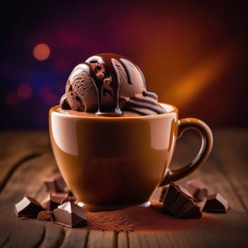 Combines elements of coffee cup, ice cream, chocolate creating visually appealing luxurious image against dark backdrop. For advertising, banner, menu, dessert, cafe themed content. Copy space