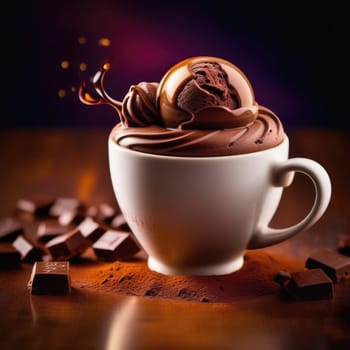 Luxurious and tempting process of pouring rich and creamy chocolate into cup with ice cream, coffee. For advertising, banner, relaxation, menu, dessert, culinary or cafe themed content. Copy space