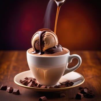 Luxurious and tempting process of pouring rich and creamy chocolate into cup with ice cream, coffee. For advertising, banner, relaxation, menu, dessert, culinary or cafe themed content. Copy space