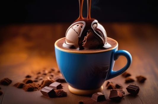 Luxurious and tempting process of pouring rich and creamy chocolate into cup with ice cream, coffee. For advertising, banner, relaxation, menu, dessert, culinary or cafe themed content. Copy space