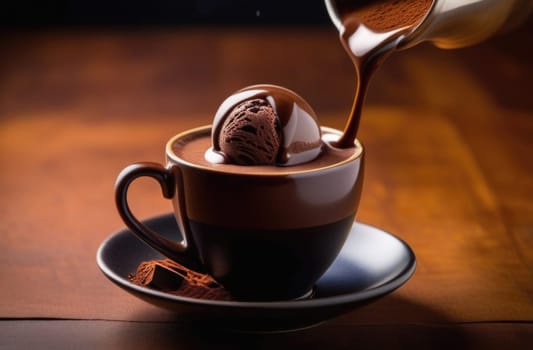 Luxurious and tempting process of pouring rich and creamy chocolate into cup with ice cream, coffee. For advertising, banner, relaxation, menu, dessert, culinary or cafe themed content. Copy space
