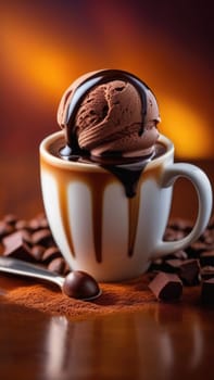 Cup of coffee topped with creamy ice cream and decadent chocolate, set against dark background. For advertising, banner, relaxation, lifestyle, menu, dessert, culinary cafe themed content. Copy space