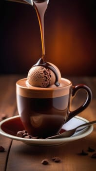 Luxurious and tempting process of pouring rich and creamy chocolate into cup with ice cream, coffee. For advertising, banner, relaxation, menu, dessert, culinary or cafe themed content. Copy space