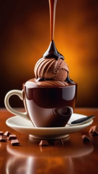 Luxurious and tempting process of pouring rich and creamy chocolate into cup with ice cream, coffee. For advertising, banner, relaxation, menu, dessert, culinary or cafe themed content. Copy space