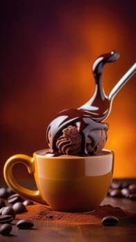 Luxurious and tempting process of pouring rich and creamy chocolate into cup with ice cream, coffee. For advertising, banner, relaxation, menu, dessert, culinary or cafe themed content. Copy space