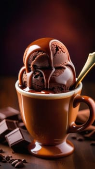 Combines elements of coffee cup, ice cream, chocolate creating visually appealing luxurious image against dark backdrop. For advertising, banner, menu, dessert, cafe themed content. Copy space