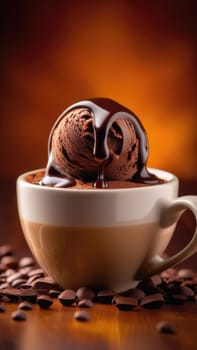 Cup of coffee topped with creamy ice cream and decadent chocolate, set against dark background. For advertising, banner, relaxation, lifestyle, menu, dessert, culinary cafe themed content. Copy space