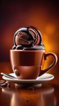 Combines elements of coffee cup, ice cream, chocolate creating visually appealing luxurious image against dark backdrop. For advertising, banner, menu, dessert, cafe themed content. Copy space