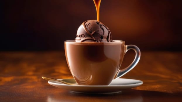 Luxurious and tempting process of pouring rich and creamy chocolate into cup with ice cream, coffee. For advertising, banner, relaxation, menu, dessert, culinary or cafe themed content. Copy space