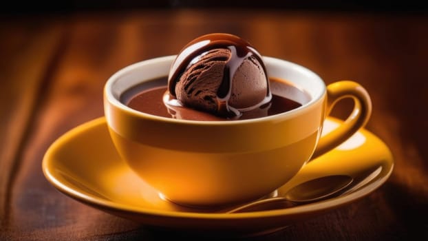 Combines elements of coffee cup, ice cream, chocolate creating visually appealing luxurious image against dark backdrop. For advertising, banner, menu, dessert, cafe themed content. Copy space