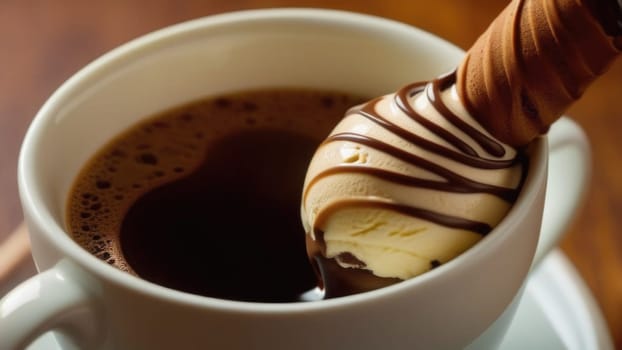 Luxurious and tempting process of pouring rich and creamy chocolate into cup with ice cream, coffee. For advertising, banner, relaxation, menu, dessert, culinary or cafe themed content. Copy space