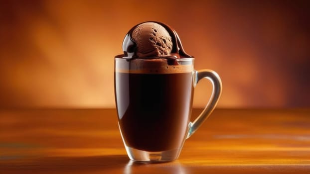 Cup of coffee topped with creamy ice cream and decadent chocolate, set against dark background. For advertising, banner, relaxation, lifestyle, menu, dessert, culinary cafe themed content. Copy space